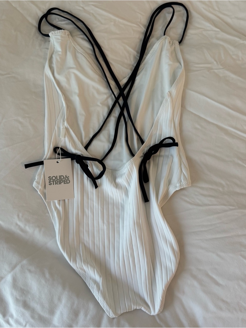 NWT Solid & Striped White Ribbed One-Piece Swimsuit with Black Straps